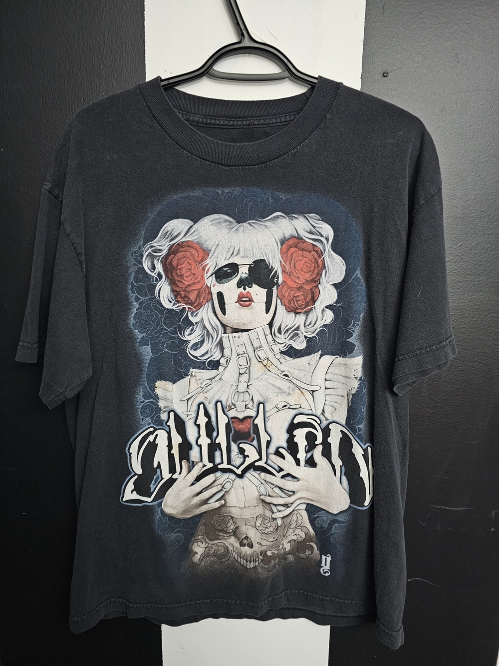 Black Graphic Short-Sleeve Tee with Gothic Doll Artwork